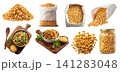 Set of corn maize grains kernels vegetable fruit, serving board with salad, craft paper bag pouch, jar container, stack pile, transparent cutout PNG. mockup 141283048