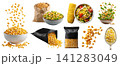 Set of grains of maize corn kernels cob, Creamed soup on spoon, salad fly, resealable craft paper plastic pouch bag, stack pile, transparent cutout PNG. mockup 141283049