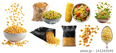 Set of grains of maize corn kernels cob, Creamed soup on spoon, salad fly, resealable craft paper plastic pouch bag, stack pile, transparent cutout PNG. mockup Set of grains of maize corn kernels cob, Creamed soup on spoon, salad fly, resealable craft paper plastic pouch bag, stack pile, transparent cutout PNG. mockup 141283049