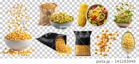 Set of grains of maize corn kernels cob, Creamed soup on spoon, salad fly, resealable craft paper plastic pouch bag, stack pile, transparent cutout PNG. mockup Set of grains of maize corn kernels cob, Creamed soup on spoon, salad fly, resealable craft paper plastic pouch bag, stack pile, transparent cutout PNG. mockup 141283049