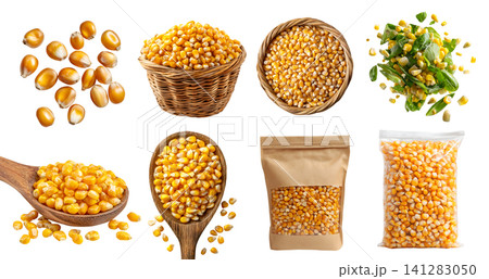 Set of grains kernels of maize corn, rattan basket, salad fly, wooden spoon, resealable craft paper plastic pouch, stack pile, transparent cutout PNG. mockup 141283050