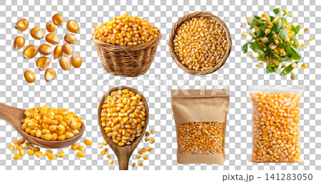 Set of grains kernels of maize corn, rattan basket, salad fly, wooden spoon, resealable craft paper plastic pouch, stack pile, transparent cutout PNG. mockup 141283050