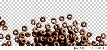 Whole grain oats loops rings chocolate cocoa cereal breakfast snack, scattered flat lay composition view on transparent cutout PNG. Mockup template for artwork. Wallpaper banner border Whole grain oats loops rings chocolate cocoa cereal breakfast snack, scattered flat lay composition view on transparent cutout PNG. Mockup template for artwork. Wallpaper banner border 141283051