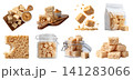 Set of rice crispy treats snack cubes, serving wooden board with peanut butter, airtight container, stand-up resealable pouch, cereal grains, broken bitten stack pile, transparent cutout PNG mockup 141283066