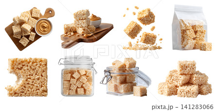 Set of rice crispy treats snack cubes, serving wooden board with peanut butter, airtight container, stand-up resealable pouch, cereal grains, broken bitten stack pile, transparent cutout PNG mockup 141283066