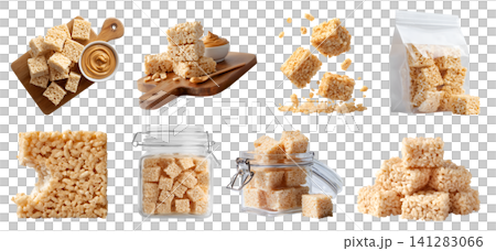 Set of rice crispy treats snack cubes, serving wooden board with peanut butter, airtight container, stand-up resealable pouch, cereal grains, broken bitten stack pile, transparent cutout PNG mockup 141283066