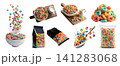 Set of flavored colorful fruit cereal loops rings breakfast snack, serving board with milk splash, bowl spoon, takeout standup plastic pouch bag, fly stack pile cluster, transparent cutout PNG mockup 141283068