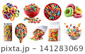 Set of flavor coloured fruit cereal loops rings breakfast snack, takeout standup plastic pouch bag, yogurt milk splash, airtight container, fly stack pile cluster, transparent cutout PNG mockup 141283069