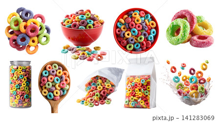 Set of flavor coloured fruit cereal loops rings breakfast snack, takeout standup plastic pouch bag, yogurt milk splash, airtight container, fly stack pile cluster, transparent cutout PNG mockup Set of flavor coloured fruit cereal loops rings breakfast snack, takeout standup plastic pouch bag, yogurt milk splash, airtight container, fly stack pile cluster, transparent cutout PNG mockup 141283069