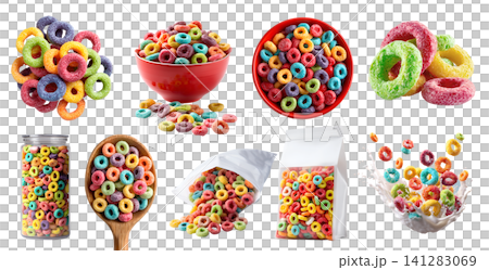 Set of flavor coloured fruit cereal loops rings breakfast snack, takeout standup plastic pouch bag, yogurt milk splash, airtight container, fly stack pile cluster, transparent cutout PNG mockup Set of flavor coloured fruit cereal loops rings breakfast snack, takeout standup plastic pouch bag, yogurt milk splash, airtight container, fly stack pile cluster, transparent cutout PNG mockup 141283069