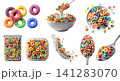 Set of colorful fruit flavored cereal loops rings breakfast snack, bowl spoon with milk, airtight container, yogurt milk splash, fly stack pile cluster, transparent cutout PNG mockup 141283070