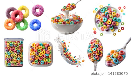 Set of colorful fruit flavored cereal loops rings breakfast snack, bowl spoon with milk, airtight container, yogurt milk splash, fly stack pile cluster, transparent cutout PNG mockup Set of colorful fruit flavored cereal loops rings breakfast snack, bowl spoon with milk, airtight container, yogurt milk splash, fly stack pile cluster, transparent cutout PNG mockup 141283070