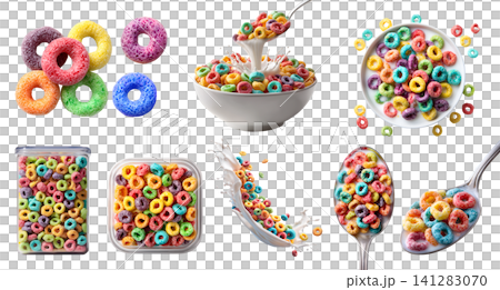 Set of colorful fruit flavored cereal loops rings breakfast snack, bowl spoon with milk, airtight container, yogurt milk splash, fly stack pile cluster, transparent cutout PNG mockup Set of colorful fruit flavored cereal loops rings breakfast snack, bowl spoon with milk, airtight container, yogurt milk splash, fly stack pile cluster, transparent cutout PNG mockup 141283070