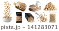 Set of 100% whole grain oats cereal loops rings breakfast snack, takeout standup plastic pouch bag, serving board with milk splash, bowl spoon, fly stack pile cluster, transparent cutout PNG 141283071