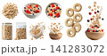 Set of oats breakfast cereal 100% whole grain loops rings, with berries fruits, airtight container, yogurt milk splash, standup plastic pouch bag, fly pile cluster, transparent cutout PNG mockup 141283072