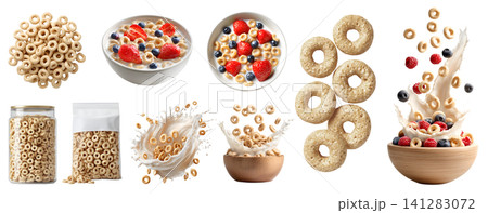 Set of oats breakfast cereal 100% whole grain loops rings, with berries fruits, airtight container, yogurt milk splash, standup plastic pouch bag, fly pile cluster, transparent cutout PNG mockup Set of oats breakfast cereal 100% whole grain loops rings, with berries fruits, airtight container, yogurt milk splash, standup plastic pouch bag, fly pile cluster, transparent cutout PNG mockup 141283072