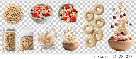 Set of oats breakfast cereal 100% whole grain loops rings, with berries fruits, airtight container, yogurt milk splash, standup plastic pouch bag, fly pile cluster, transparent cutout PNG mockup Set of oats breakfast cereal 100% whole grain loops rings, with berries fruits, airtight container, yogurt milk splash, standup plastic pouch bag, fly pile cluster, transparent cutout PNG mockup 141283072