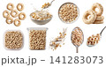 Set of 100% whole grain oats cereal loops rings breakfast snack, yogurt milk splash, bowl spoon with milk, airtight container, fly stack pile cluster, transparent cutout PNG mockup 141283073