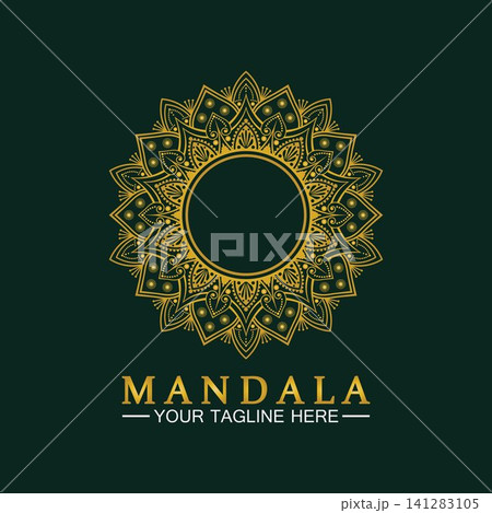 Gold Flower Mandala Vector logo template illustration.template for spiritual retreat or yoga studio,Ornamental business cards,vintage luxury, ornamental decoration 141283105