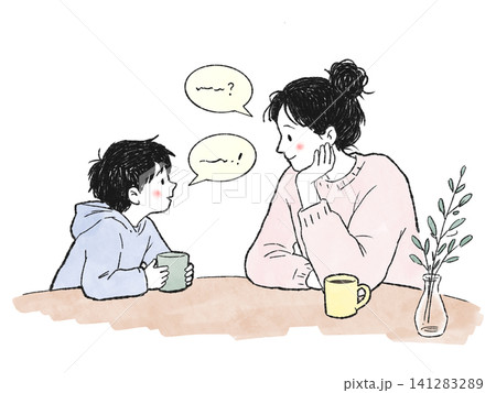不登校の子どもに寄り添い話を聞く母親　親子の会話と相談のイラスト 141283289