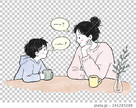 不登校の子どもに寄り添い話を聞く母親　親子の会話と相談のイラスト 141283289