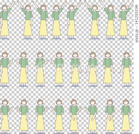 あっちこっちこちら指さす女性イラストアイコンセット　カラー　グリーン 141283296