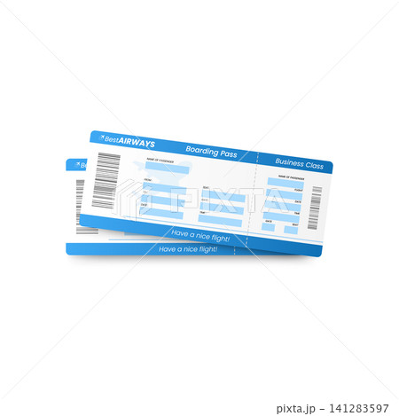A pair of BestAirways business class boarding passes with fields for name, date, seat, and time. A pair of BestAirways business class boarding passes with fields for name, date, seat, and time. 141283597