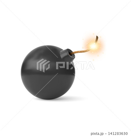 A round black bomb, on its side, with a burning fuse and sparks. A round black bomb, on its side, with a burning fuse and sparks. 141283630