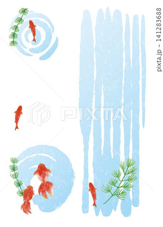 夏　金魚と水の波紋　暑中見舞い　残暑見舞い　水彩　手描き　和風　デザイン　背景　イラスト素材 141283688