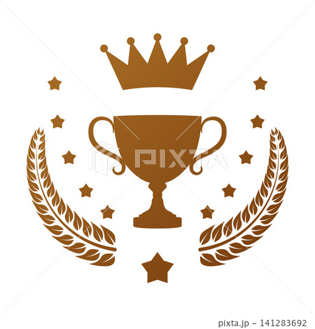 Winner award golden badge with stars, laurel wreath, crown and winner cup, vector outline ranking achievement design Winner award golden badge with stars, laurel wreath, crown and winner cup, vector outline ranking achievement design 141283692