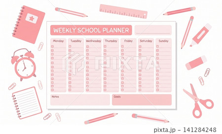 Pink weekly school planner template surrounded by stationery supplies on a white background surface 141284248