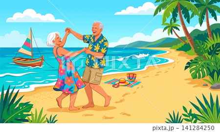 Joyful elderly couple dancing together on a sunny tropical beach during a relaxing summer vacation Joyful elderly couple dancing together on a sunny tropical beach during a relaxing summer vacation 141284250