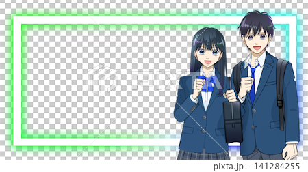 Anime-style illustration of smiling high school or junior high school students with backpacks and school bags, white background Anime-style illustration of smiling high school or junior high school students with backpacks and school bags, white background 141284255