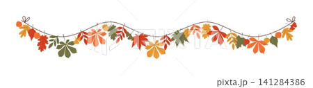 Wavy horizontal garland of mixed autumn leaves on string with two end bows Wavy horizontal garland of mixed autumn leaves on string with two end bows 141284386