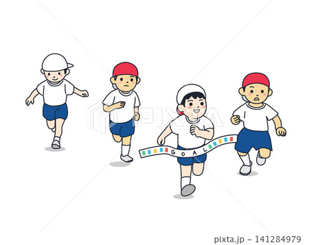 運動会・かけっこをする4人の男の子(ゴールテープ)・ミニマルでかわいいイラスト 運動会・かけっこをする4人の男の子(ゴールテープ)・ミニマルでかわいいイラスト 141284979