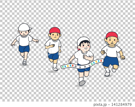 一幅可愛、簡約的插圖,描繪了四個男孩在學校運動會上賽跑(終點線彩帶)。 一幅可愛、簡約的插圖,描繪了四個男孩在學校運動會上賽跑(終點線彩帶)。 141284979