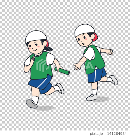 一幅極簡而可愛的插圖,描繪了學校運動會上男孩將接力棒傳遞給女孩的場景。 一幅極簡而可愛的插圖,描繪了學校運動會上男孩將接力棒傳遞給女孩的場景。 141284984