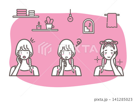 肌荒れケアのビフォーアフターのイラスト ピンクのツートーン 141285023