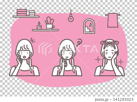 Before and after illustration of skin trouble care in a pink two-tone color scheme. Before and after illustration of skin trouble care in a pink two-tone color scheme. 141285023