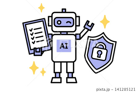 AIセキュリティ対策と情報保護を案内するAIアシスタントのベクターイラスト AIセキュリティ対策と情報保護を案内するAIアシスタントのベクターイラスト 141285121