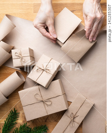 Christmas Box Wrapping Technique Female Hands Christmas Box Wrapping Technique Female Hands 141285307