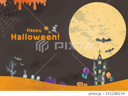 ハロウィンの背景 水彩風の満月とお城のフレームイラスト ハロウィンの背景 水彩風の満月とお城のフレームイラスト 141286234