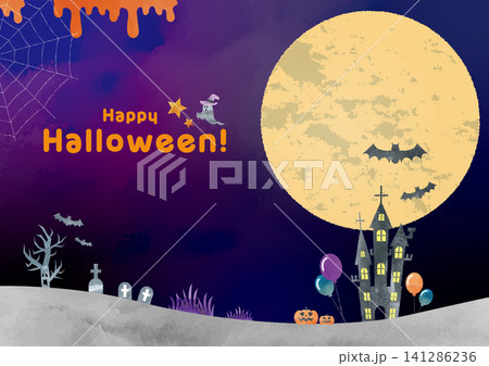 ハロウィンの背景 水彩風の満月とお城のフレームイラスト ハロウィンの背景 水彩風の満月とお城のフレームイラスト 141286236
