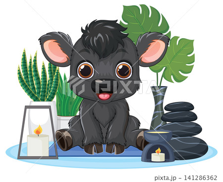 Cute Cartoon Yak Sitting in a Relaxing Spa Environment 141286362