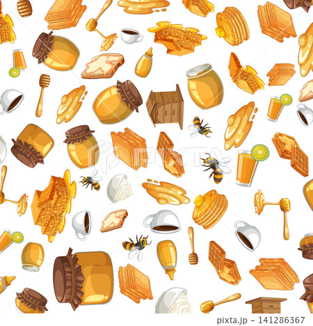 Seamless Vector Pattern of Honey Breakfast Items and Bees Seamless Vector Pattern of Honey Breakfast Items and Bees 141286367