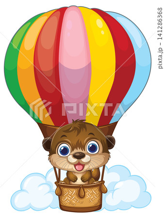 Vector Illustration of a Happy Otter in a Rainbow Hot Air Balloon 141286368