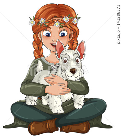 Cartoon Redheaded Girl Sitting Cross Legged Hugging Her Small White Dog Cartoon Redheaded Girl Sitting Cross Legged Hugging Her Small White Dog 141286371