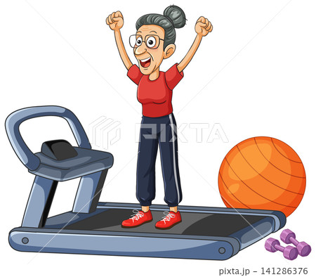 Cheerful Senior Woman Celebrating Fitness Success on a Treadmill Vector Illustration 141286376