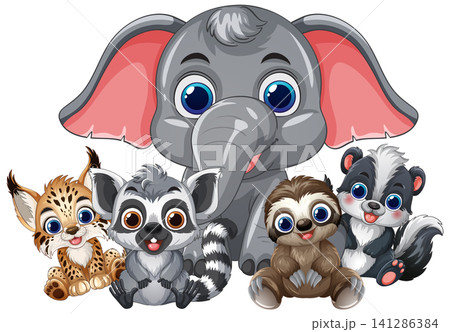 Cute Cartoon Baby Animals Group Illustration on White Background Cute Cartoon Baby Animals Group Illustration on White Background 141286384