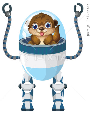 Cartoon Otter Character Inside a Futuristic Bipedal Robot Suit 141286387